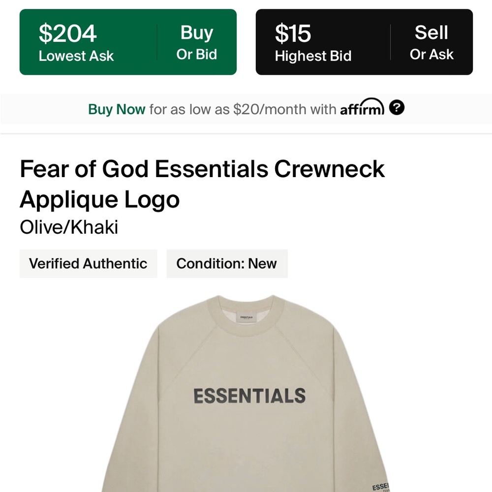 Fear of god essentials size large excellent condition crewneck